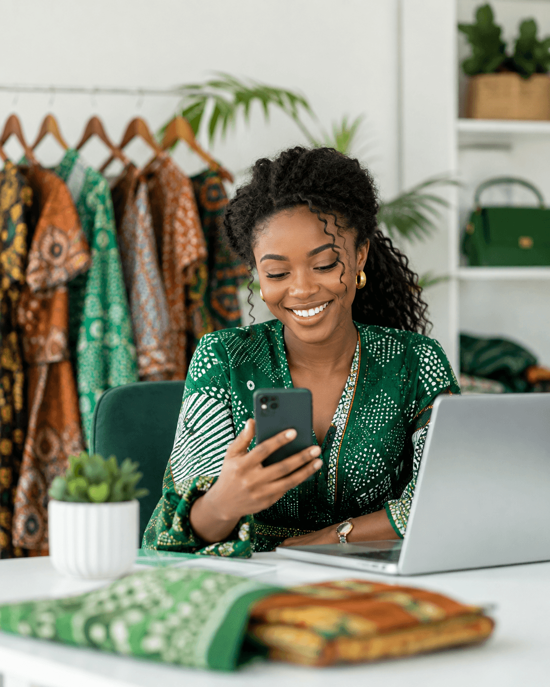 Vendeuse ivoirienne gérant sa boutique WASELLE depuis son téléphone